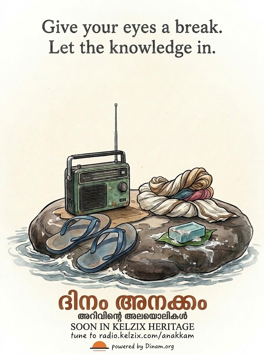 A green transistor radio on a wet river rock, with blue slippers, a folded towel and a bar of soap on a leaf. Text: Give your eyes a break. Let the knowledge in. ദിനം അനക്കം, അറിവിന്റെ അലയൊലികൾ. Soon in KELZIX Heritage.